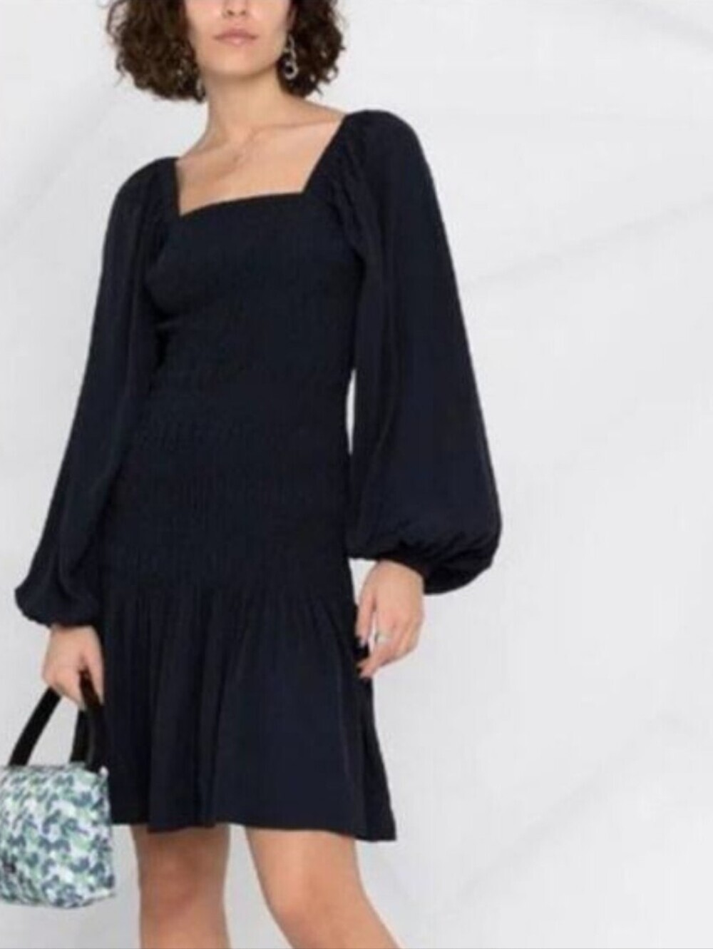 GANNI Ripstop Navy Smocked Mini Dress Puff Peasant Sleeve Square Neck SZ 34 US 4